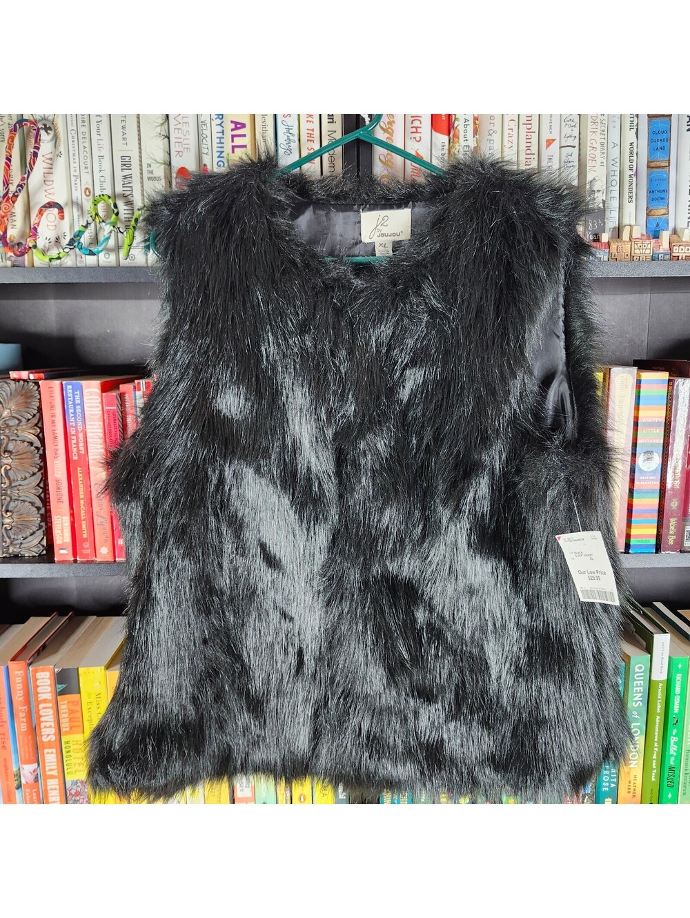 J2 by JouJou Black Faux Fur Vest XL Hook & Eye Open Front Cozy Glam